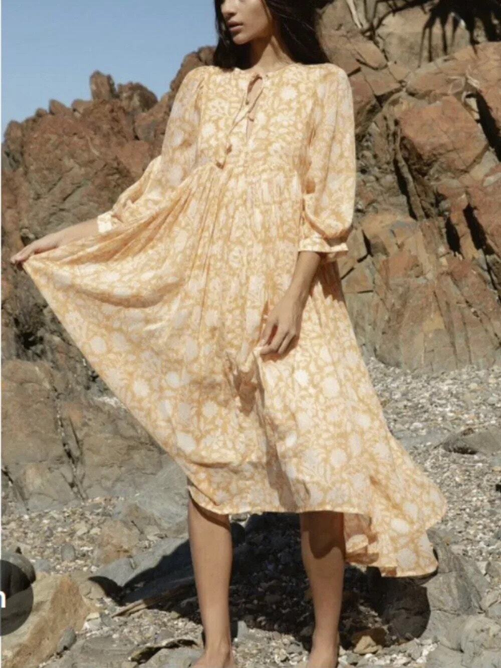 Daughters of India Kyra Midi Dress Cumin Floral Cotton Voile Oversized Medium